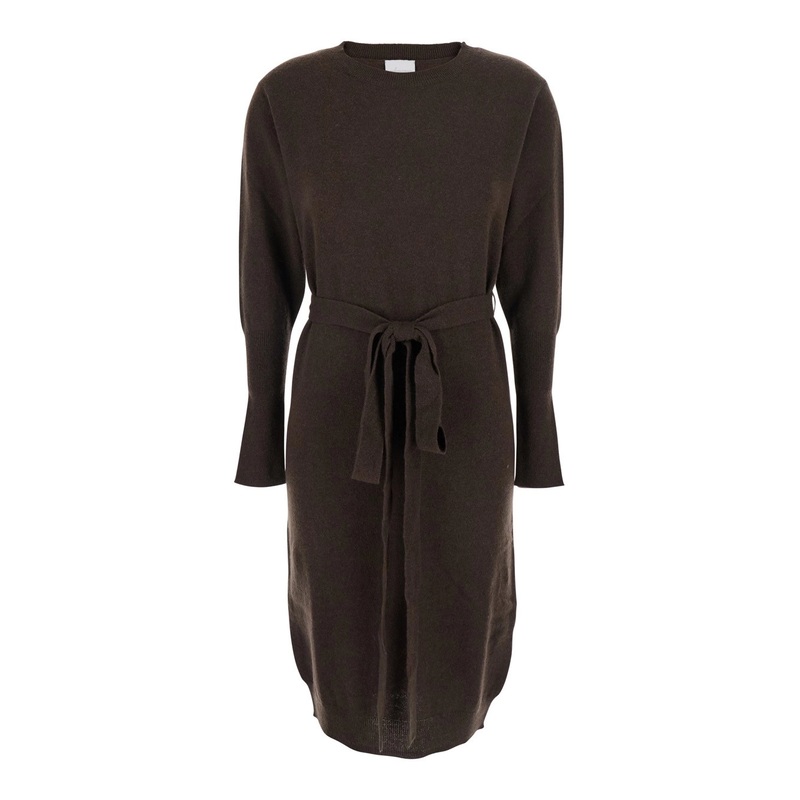 Brown Crewneck Dress with Front Belt in Cashmere Woman