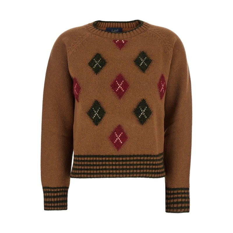 Brown Crewneck Sweater with Diamond Embroidery on the Front and Ribbed Trims in Wool Blend Woman