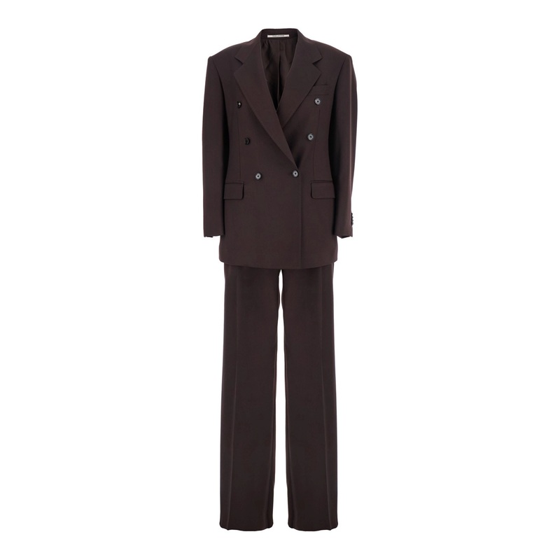 Brown Double-Breasted Suit with Notched Revers in Fabric Woman