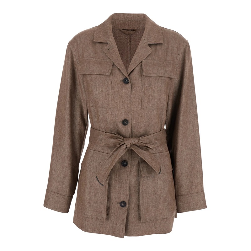 Brown Jacket with Notched Revers and Front Closure with Bow in Linen Blend Woman