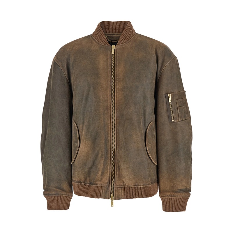 Brown Jacket with Sleeve Pocket and Distressed Effects in Leather Woman