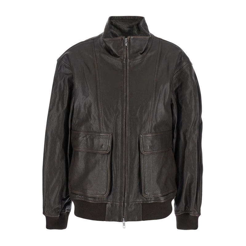 Brown Jacket with Two Front Pockets and Distressed Effect in Leather Woman