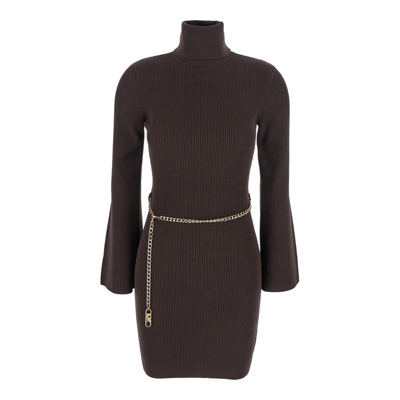 Brown Mini Dress with Chain Belt and Logo Plaque on the Rear in Viscose Blend Stretch Woman