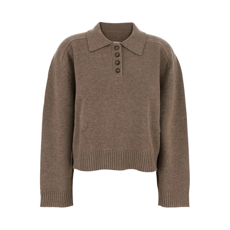 Brown Polo Shirt Style Sweater with Classic Collar and Ribbed Trims in Cashmere Woman