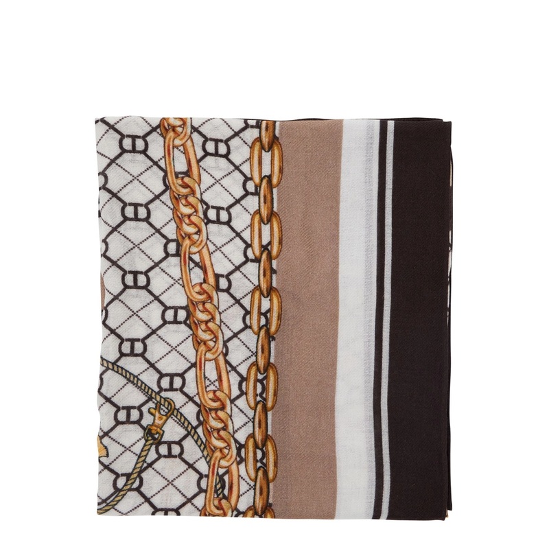 Brown Scarf with Geometric Chain Motif in Viscose Woman