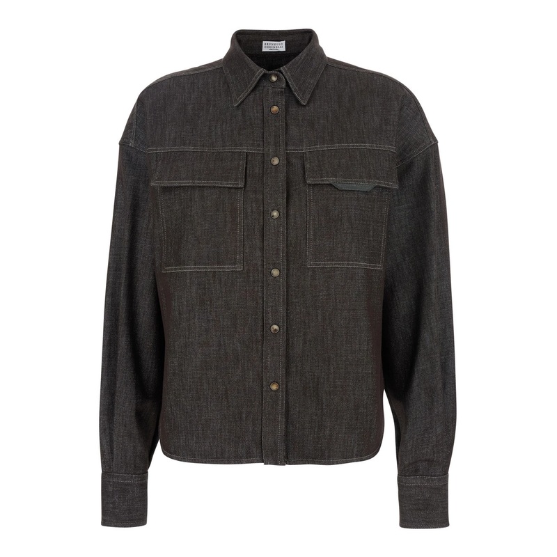 Brown Shirt with Classic Collar and Monil Detail on the Pocket in Cotton Blend Woman