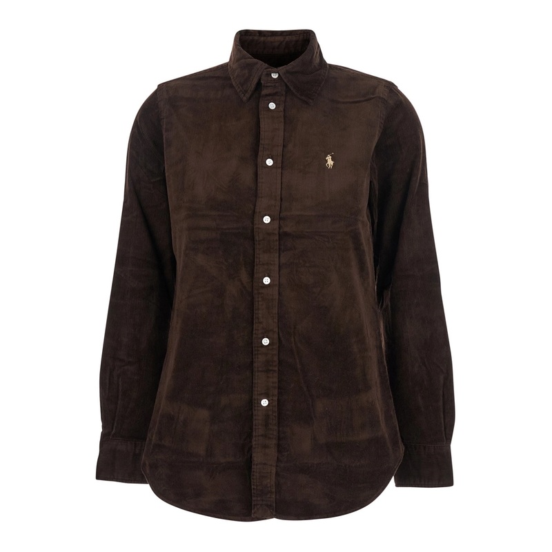 Brown Shirt with Classic Collar and Pony Embroidery on the Front in Corduroy Woman