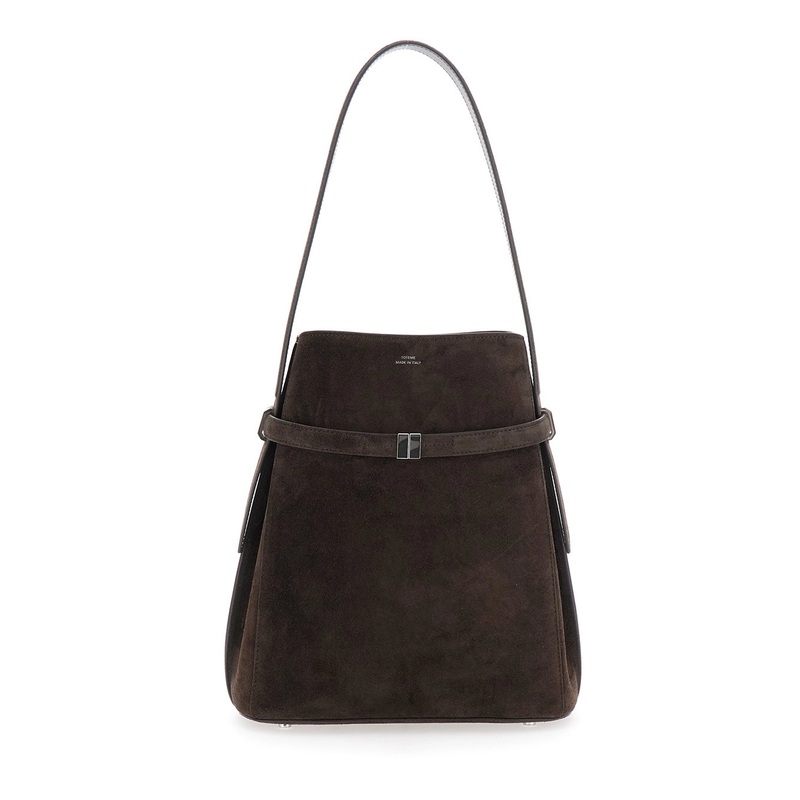 Brown Shoulder Bag with Fixed Shoulder Strap and Buckled Belt on the Front in Suede Woman