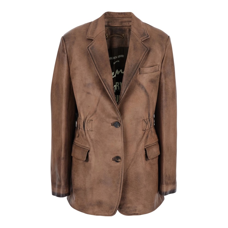 Brown Single-Breasted Jacket with Classic Lapels in Leather Woman