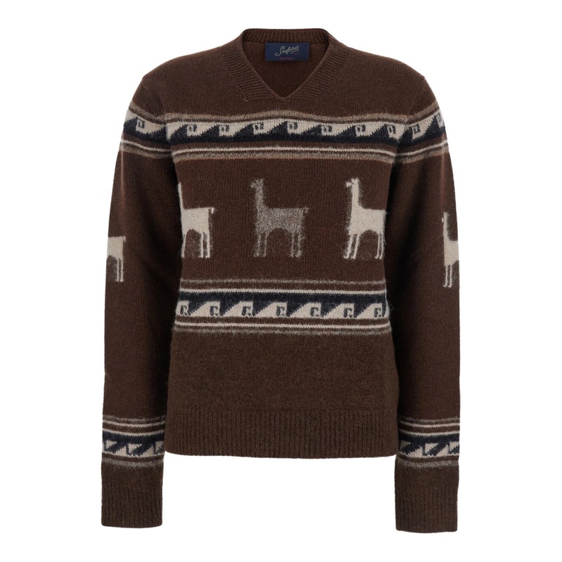 Brown Sweater with V Neck and Front Motif in Wool Woman