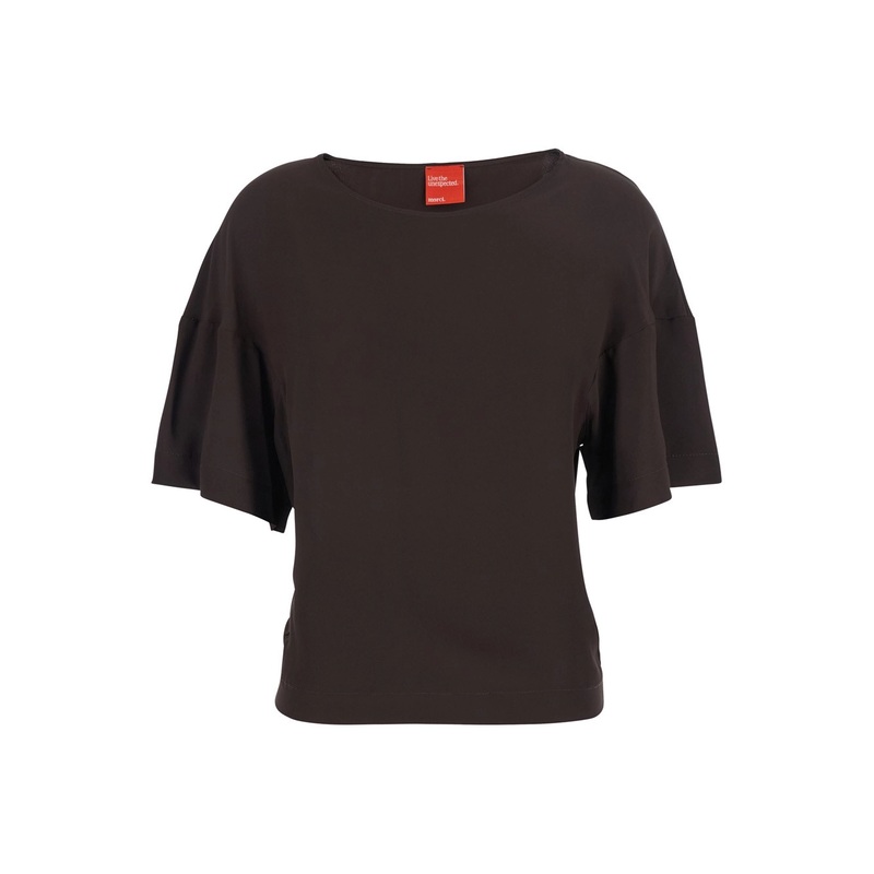 Brown T-Shirt with Round Neck and Wide Short Sleeves in Fabric Woman