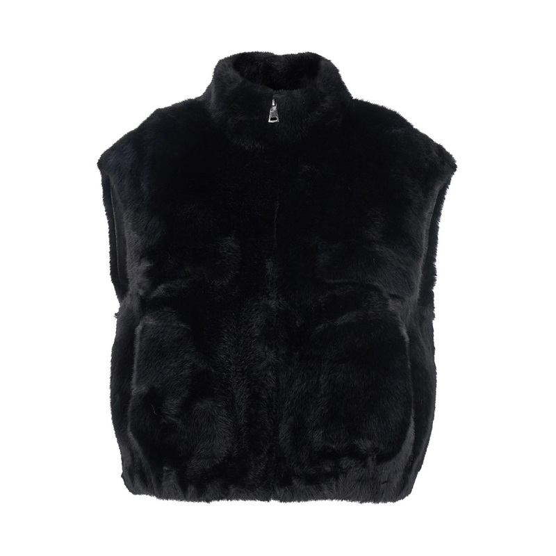 ‘Gaby’ Black Sleeveless Fur Jacket with High Neck and Front Zip Closure in Ecofur Woman