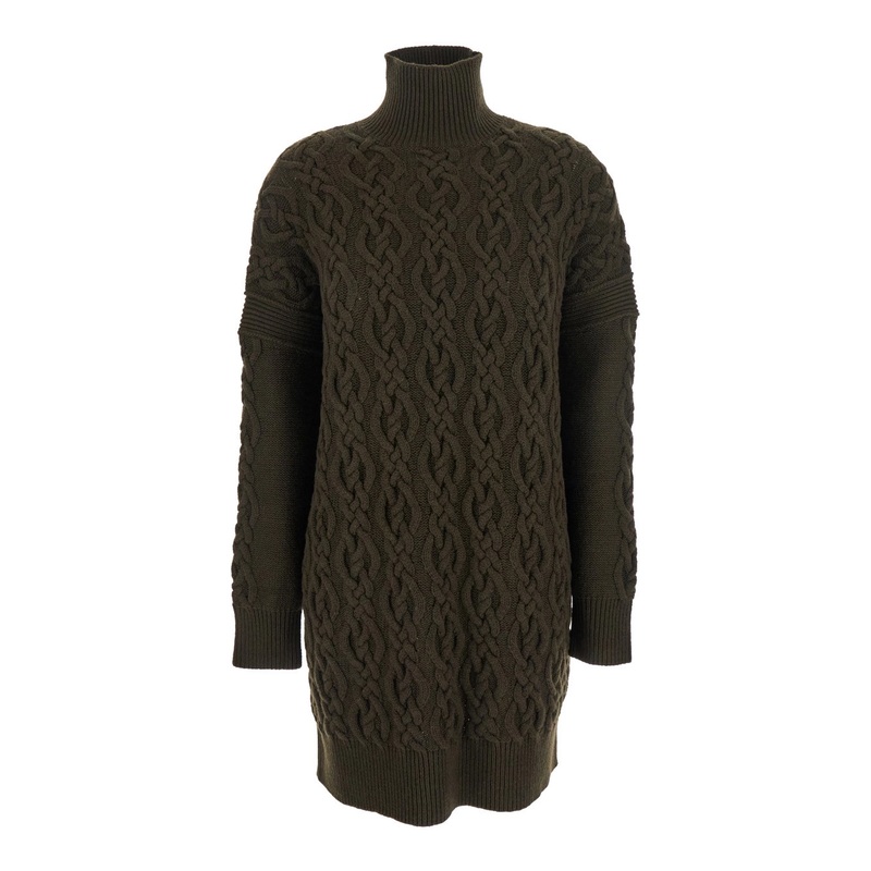 Green High Neck Dress with All-Over Inlays in Wool Blend Woman