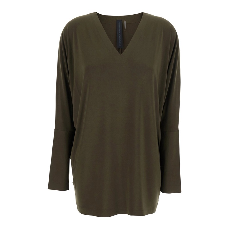 Green Top with V Neck in Fabric Woman