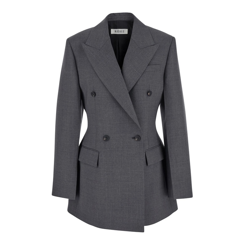 Grey Double-Breasted Jacket with Peak Revers in Wool Stretch Woman