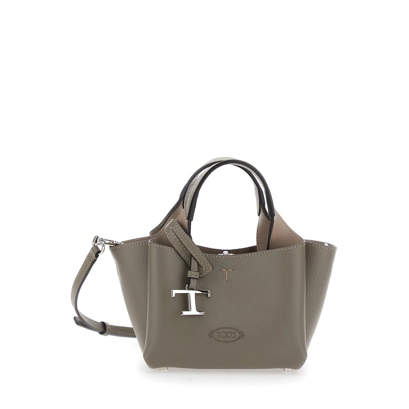 Grey Handbag with Removable Shoulder Strap and T Plaque on the Front in Grained Leather Woman