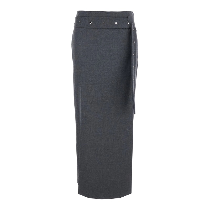 Grey Skirt with Waist Belt in Fabric Woman