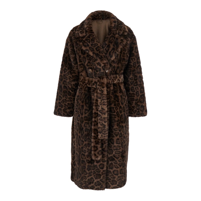‘Harmony’ Brown Fur Jacket with Belt and All-Over Leopard Motif in Ecofur Woman