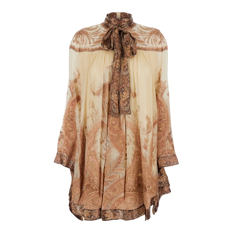 ‘Hypnotic’ Multicolor Mini Dress with Pussybow Collar and All-Over Paisley Print in Silk Blend Woman