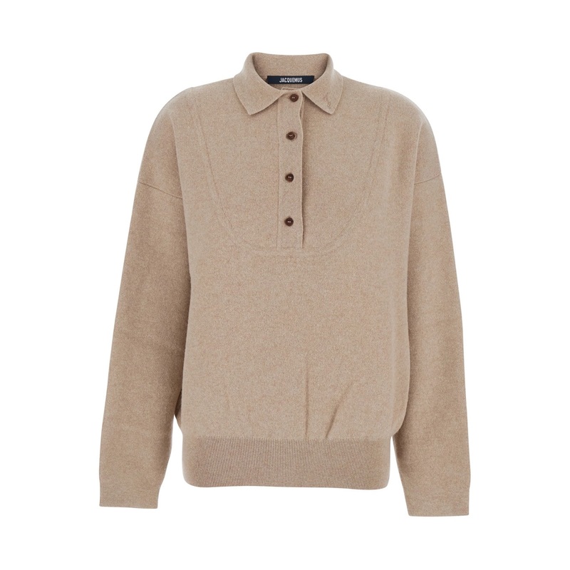 ‘La Maille Vareuse Pallone’ Beige Sweater with Polo Shirt Style Collar in Wool and Cashmere Stretch Woman
