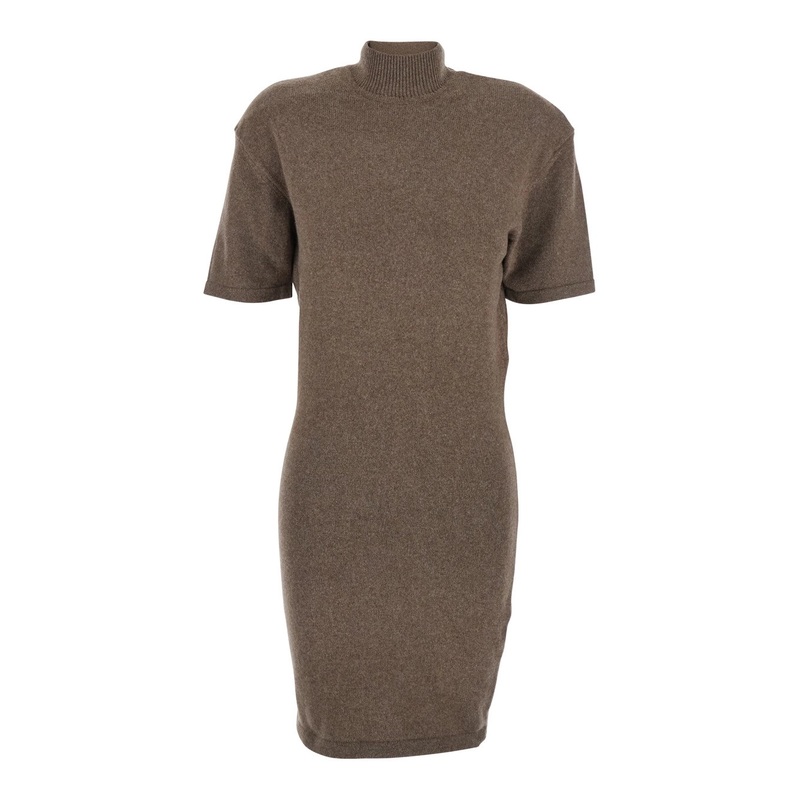 ‘La Robe Maille Castagna’ Brown Dress with High Ribbed Neck in Wool Woman