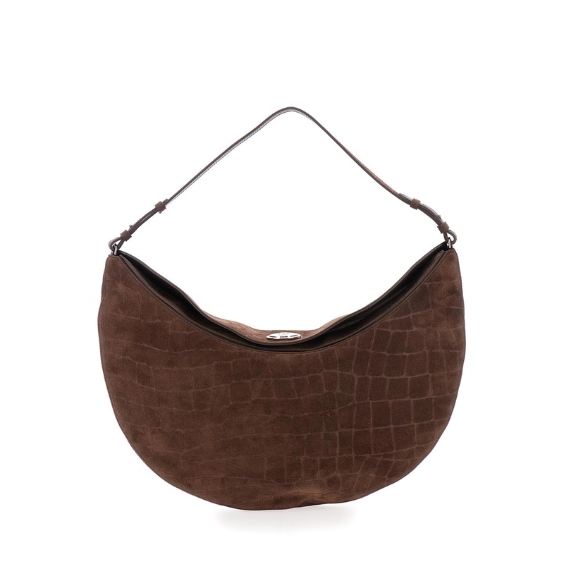 ‘Le Calisso Rond Large’ Brown Shoulder Bag with Adjustable Strap and Embossed Crodocile Effect in Leather Woman