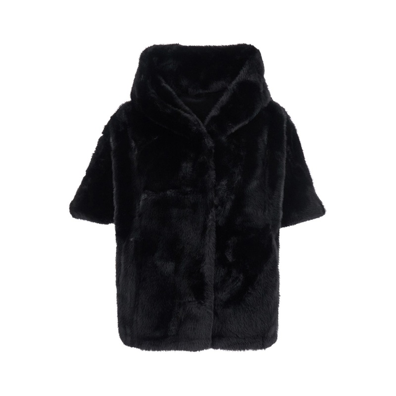 ‘Leonie’ Black Fur Jacket with Hood and Front Concealed Closure in Ecofur Woman