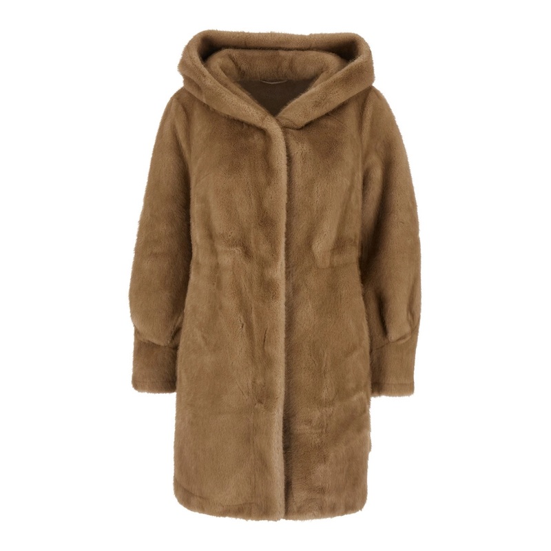‘Lisa’ Beige Fur Jacket with Hood and Front Concealed Closure in Ecofur Woman