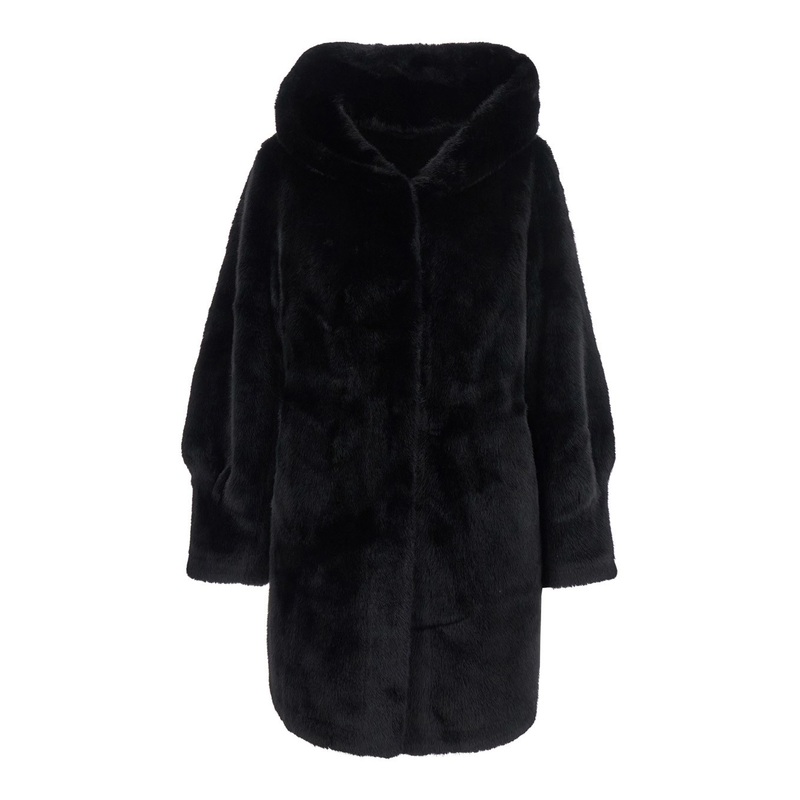 ‘Lisa’ Black Fur Jacket with Hood and Front Concealed Closure in Ecofur Woman