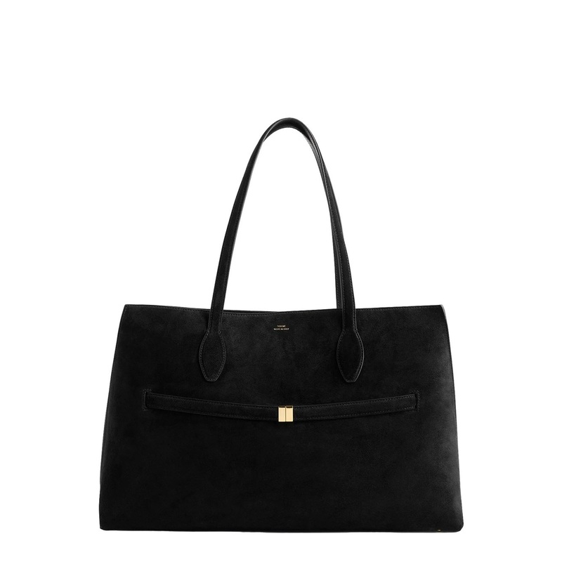 ‘Lounge’ Black Tote Bag with Belt and Embossed Logo Lettering on the Front in Suede Woman