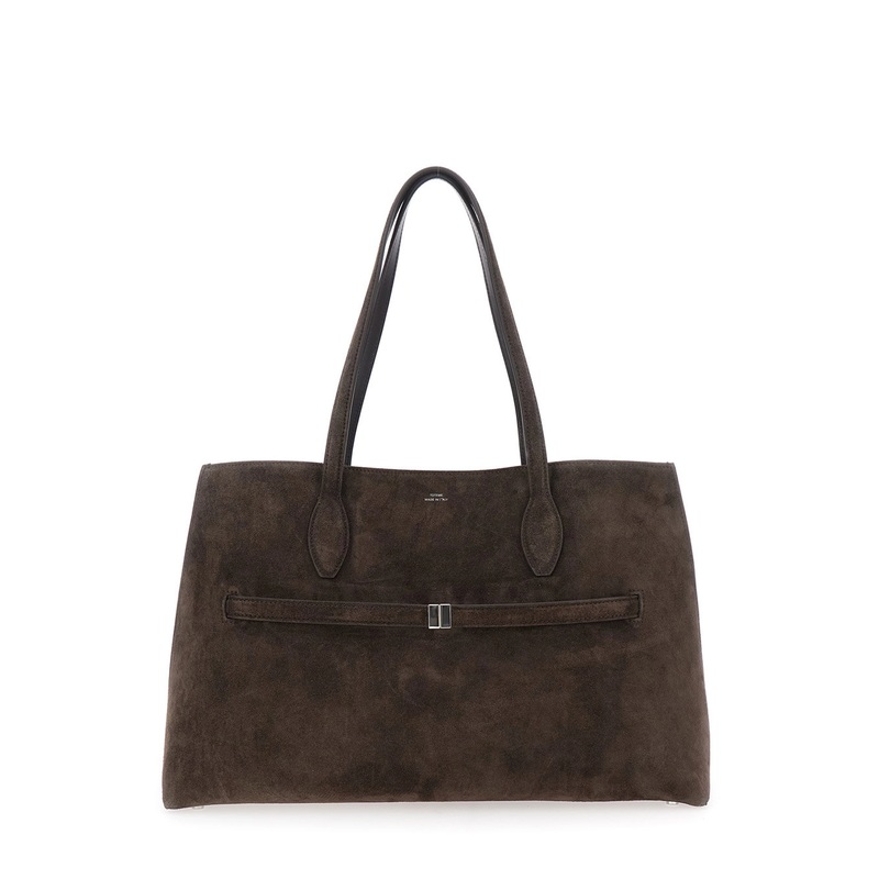 ‘Lounge’ Brown Tote Bag with Belt and Embossed Logo Lettering on the Front in Suede Woman