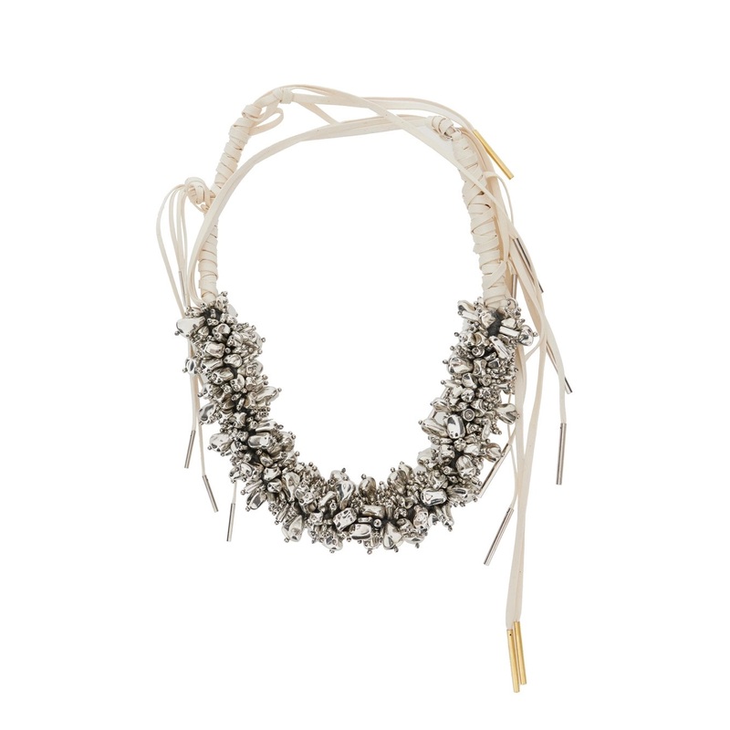 Metallic Necklace with Metal Pendants and Braided Design in Metal and Fabric Woman