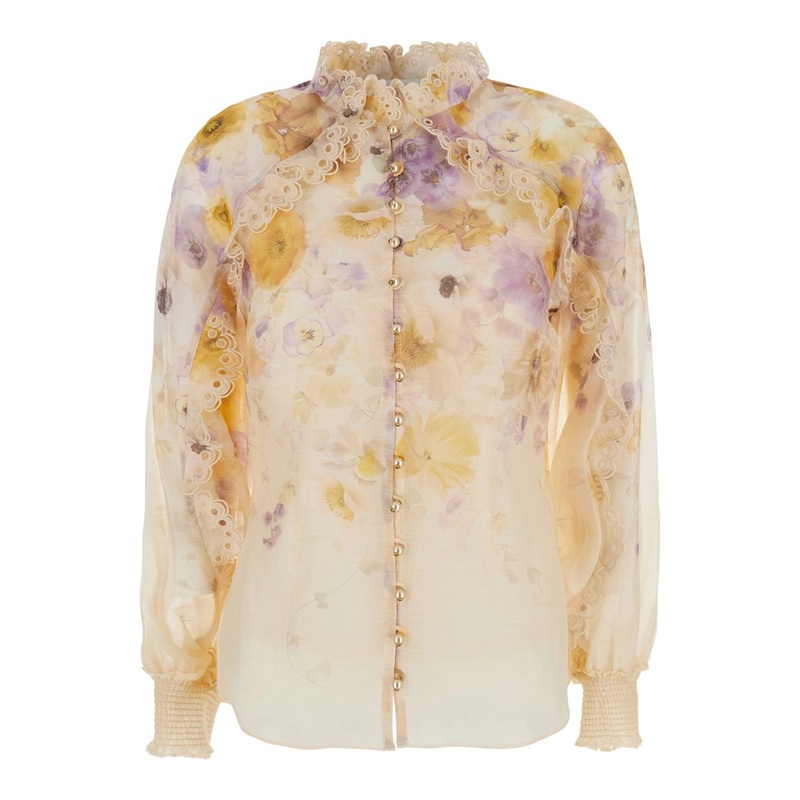 Multicolor Blouse with Floral Print and Ruched Details in Silk and Linen Woman