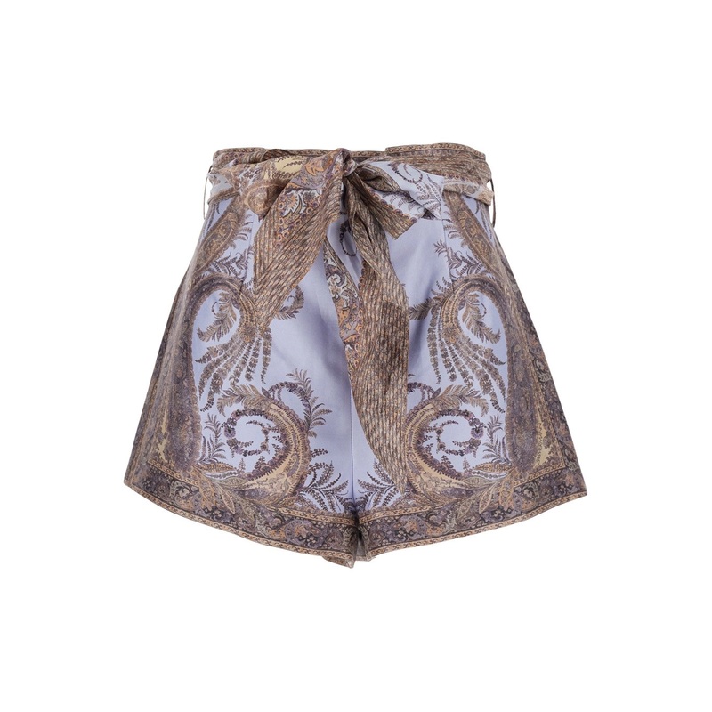 Multicolor Shorts with Belt and All-Over Paisley Print in Silk and Cotton Woman