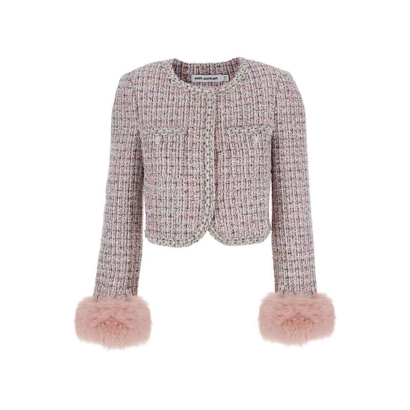 Pink Crewneck Jacket with Crystal Embellishments and Ecofur Cuffs in Tech Fabric Woman