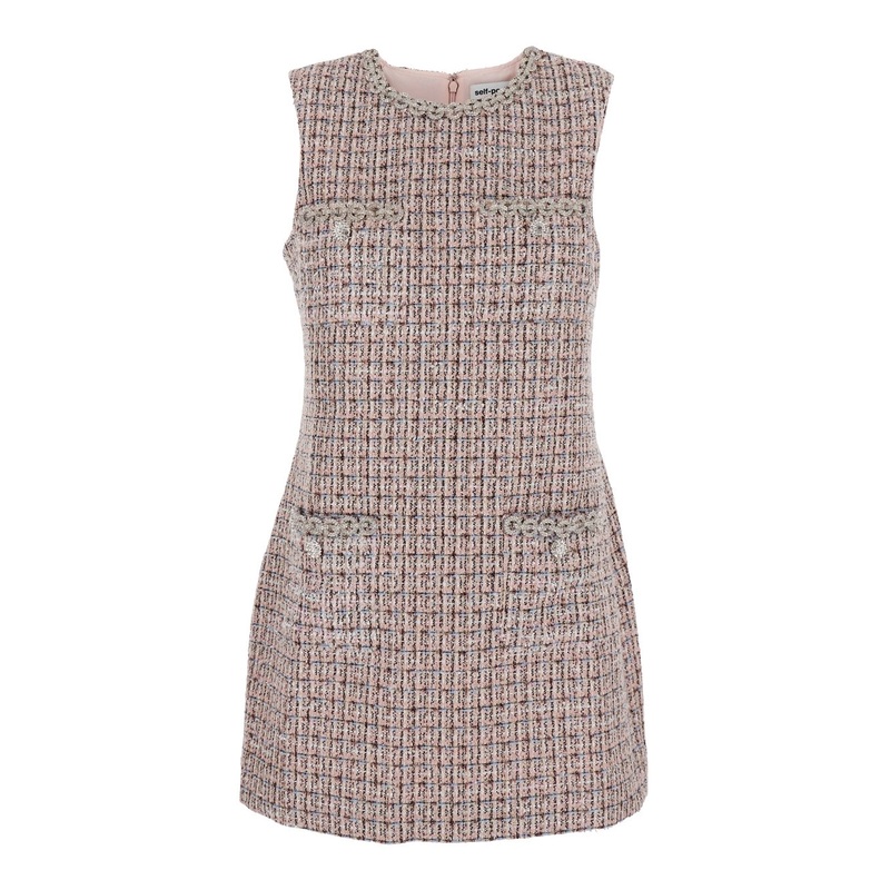 Pink Crewneck Sleeveless Mini Dress with Crystal Embellishments in Tech Fabric Woman