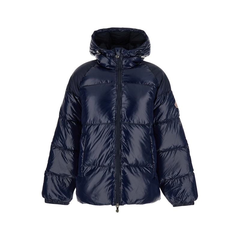 ‘Sten’ Blue Down Jacket with Drawstring Hood and Logo Patch in Technical Fabric Unisex