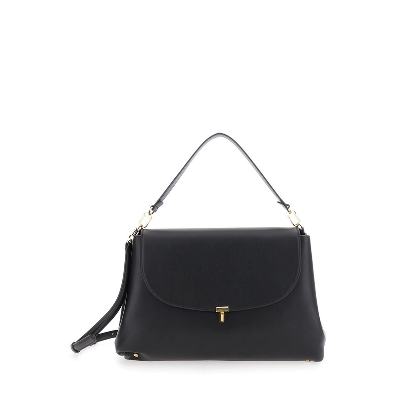 ‘T-Lock’ Black Handbag with Adjustable and Removable Shoulder Strap and T Plaque on the Front in Leather Woman