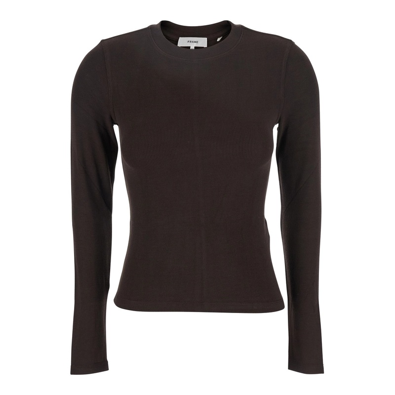‘The L/S Rib Crew’ Brown Ribbed Knit Sweater in Tech Fabric Stretch Woman
