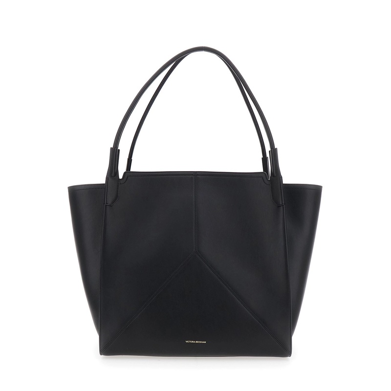 ‘Victoria’ Black Handbag with V Stitching on the Front and Embossed Logo Lettering on the Front in Leather Woman