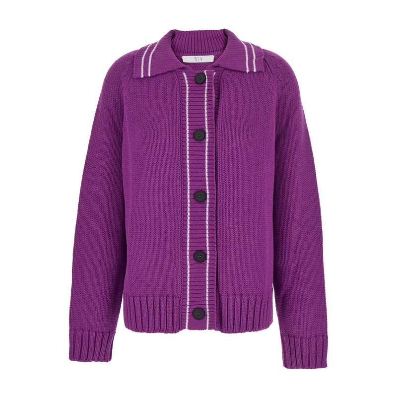 Violet Cardigan with Spread Collar and Dropped Shoulders in Wool Blend Woman