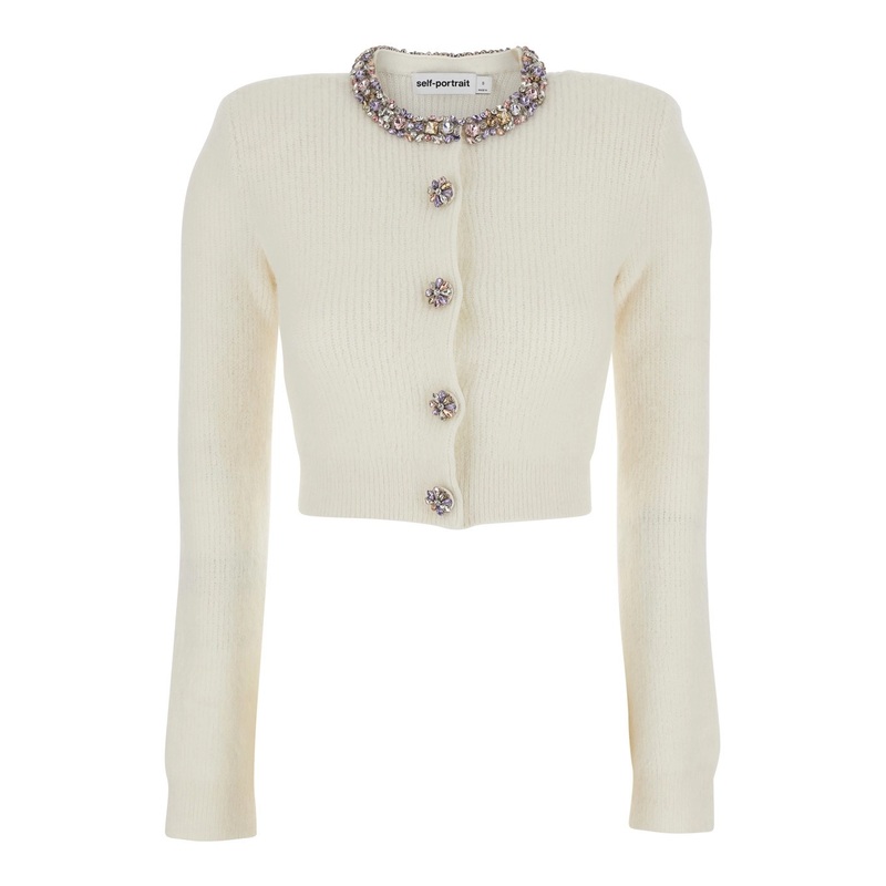 Whirw Cropped Crewneck Cardigan with Crystal Embellishments on Collar and Buttons in Wool Blend Woman