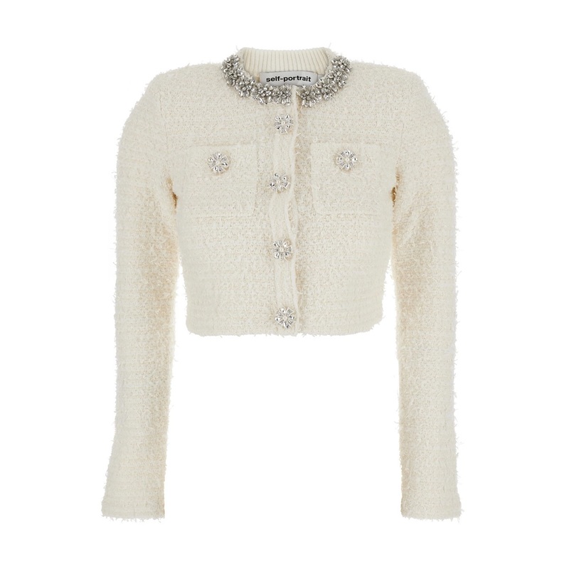 White Crewneck Cropped Cardigan with Crystal Embellishments on the Collar in Cotton Blend Woman