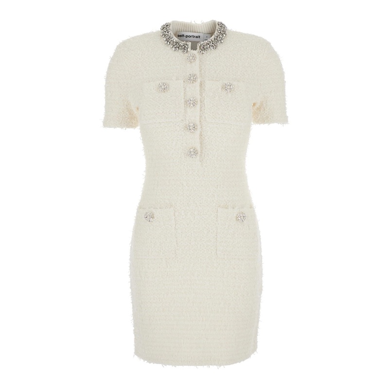White Crewneck Mini Dress with Crystal Embellishments on the Collar and Jewel Buttons in Cotton Blend Woman
