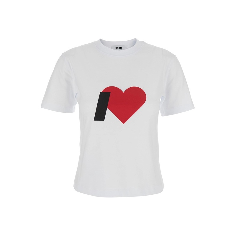 White Crewneck T-Shirt with Print on the Front and Logo Lettering on the Rear in Cotton Woman