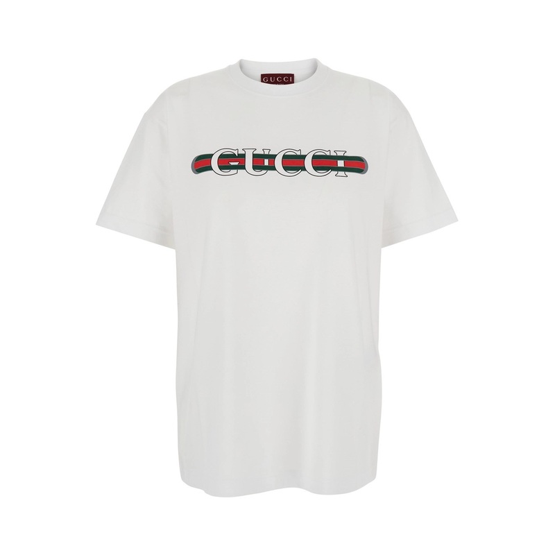 White Crewneck T-Shirt wth Web Print with Logo Lettering on the Front in Cotton Woman