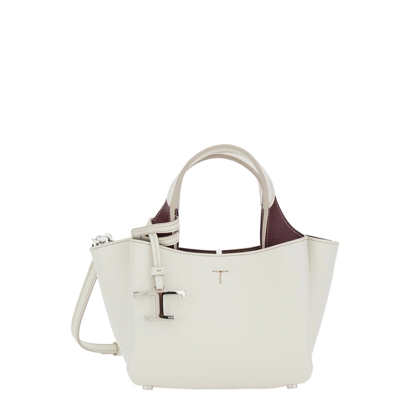 White Handbag with Removable Metal Pendant in Leather Woman