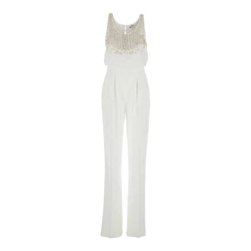 White Jumpsuit with Front Neckline and Rhinestone Application in Fabric Woman