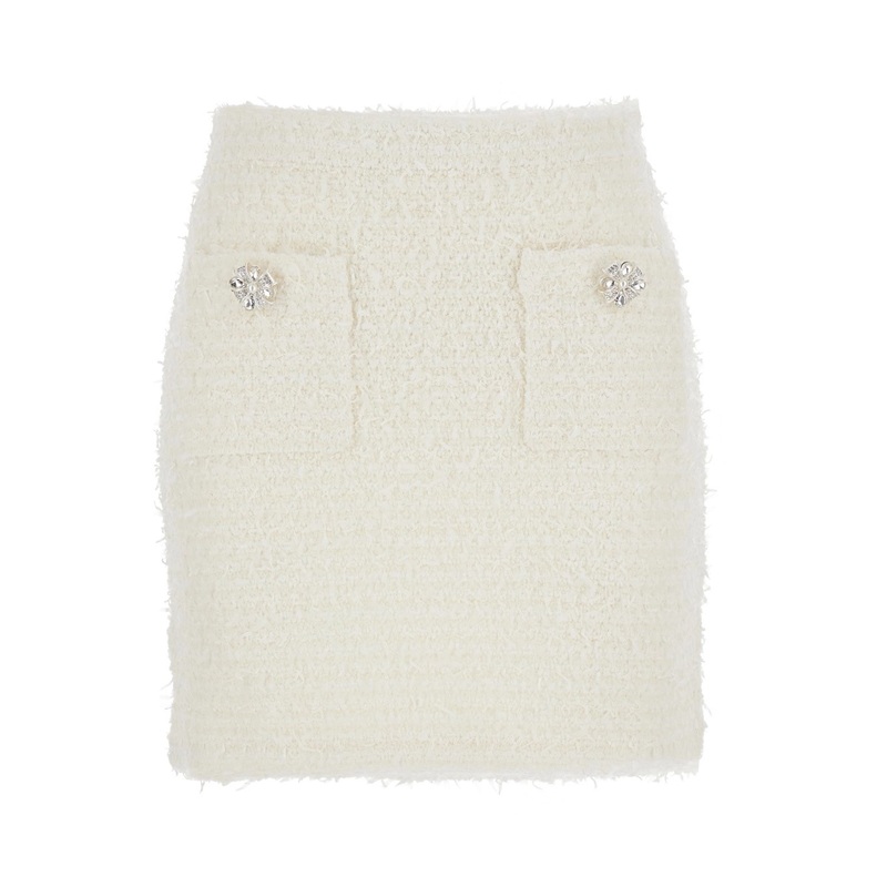 White Miniskirt with Pearl Embellishments and Button Detail in Tech Fabric Woman