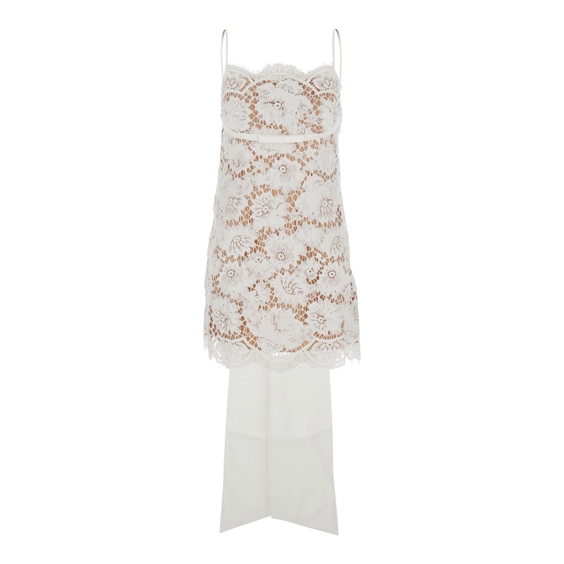 White Sleeveless Mini Dress with Floral Lace Embroidery and Scallop Hem in Cotton Blend Woman